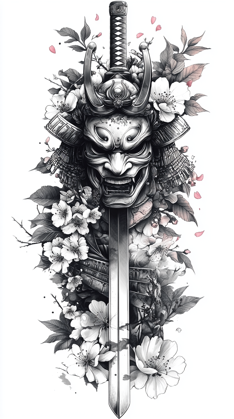 Tattoo Design: Samurai Hannya Mask With Katana & Cherry Blossom