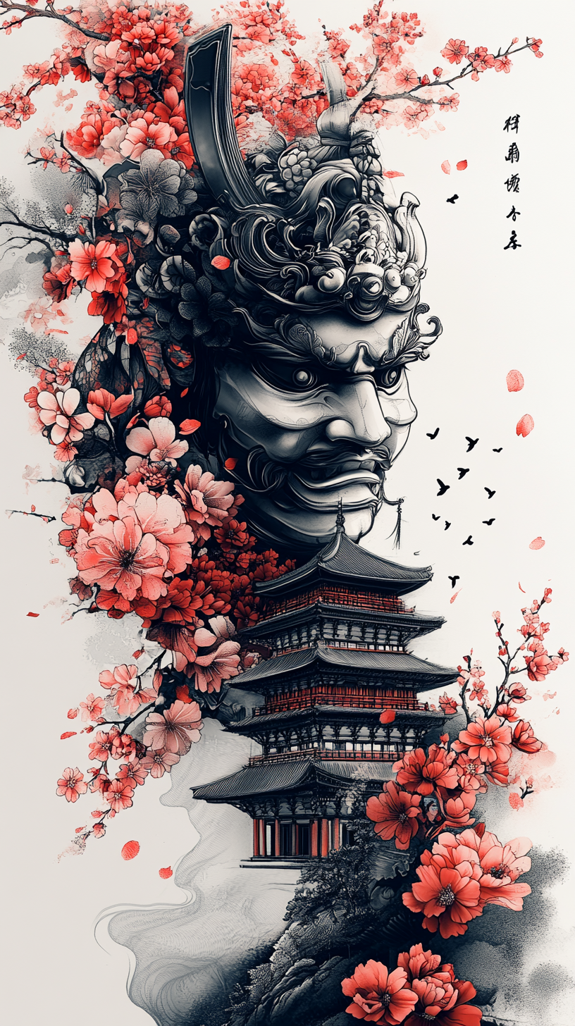 Tattoo Design: Samurai Hannya Mask with Katana & Cherry Blossoms