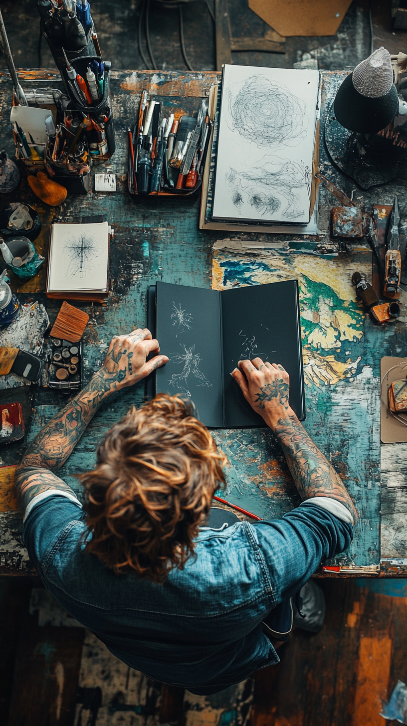 Tattoo artist sketching in book with sleeve tattoos