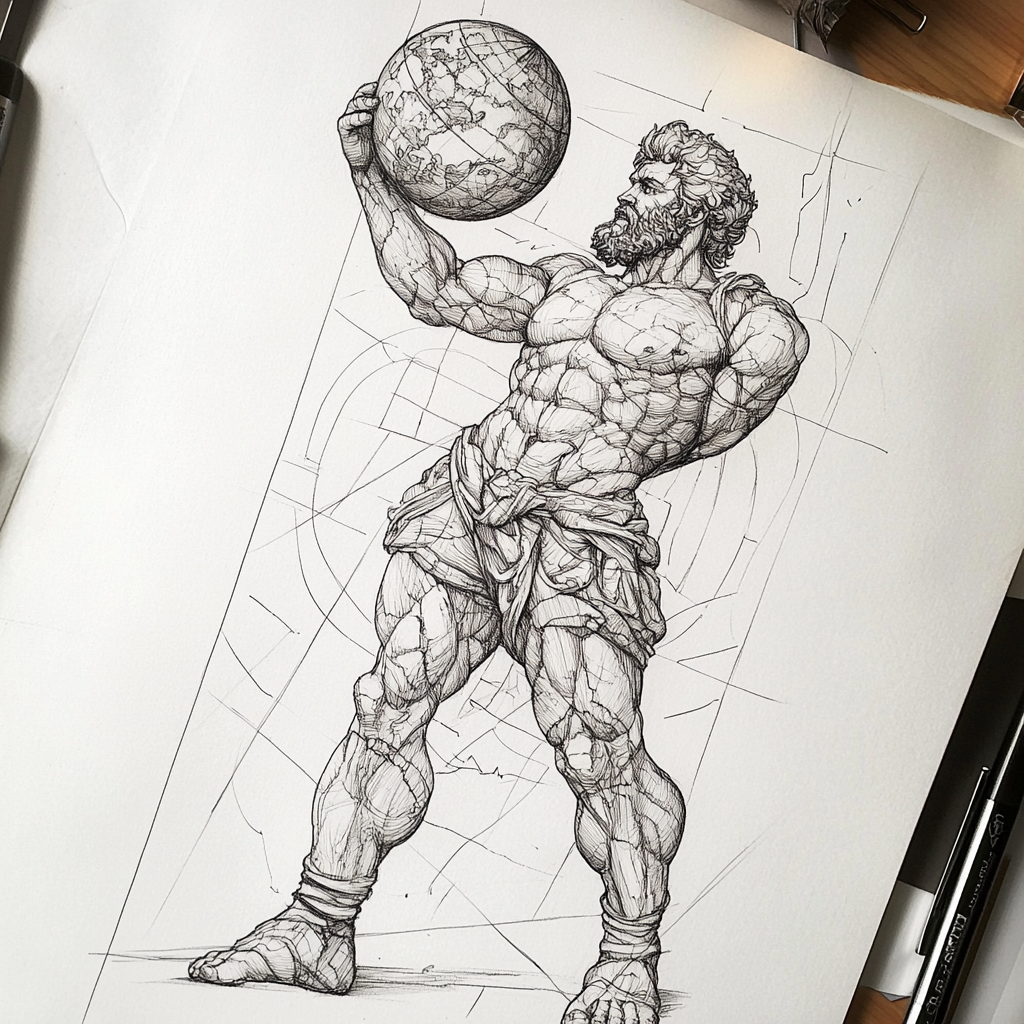 Tattoo design: Atlas holding Earth globe in fine line.