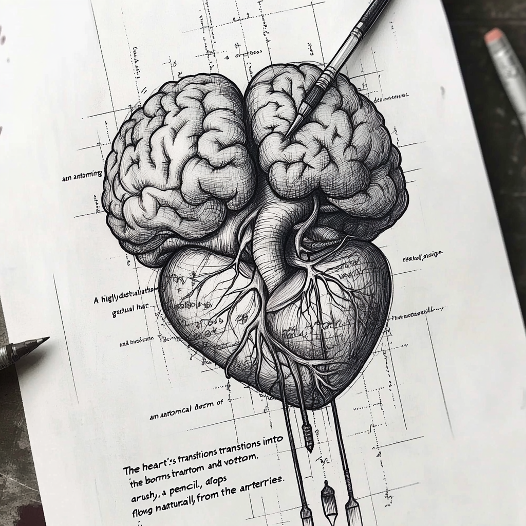 Tattoo of heart turning into brain, artistic tools.