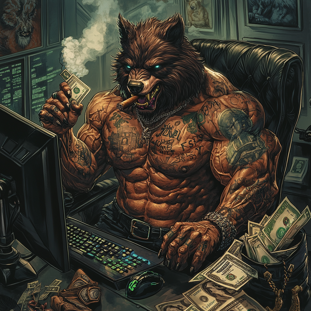 Tattoo of muscle man with wolf head, cigar.