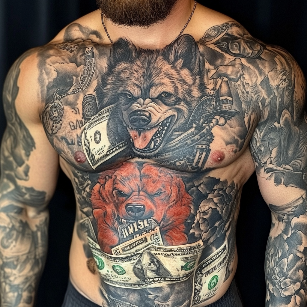 Tattoo of muscular wolf man with financial symbols.