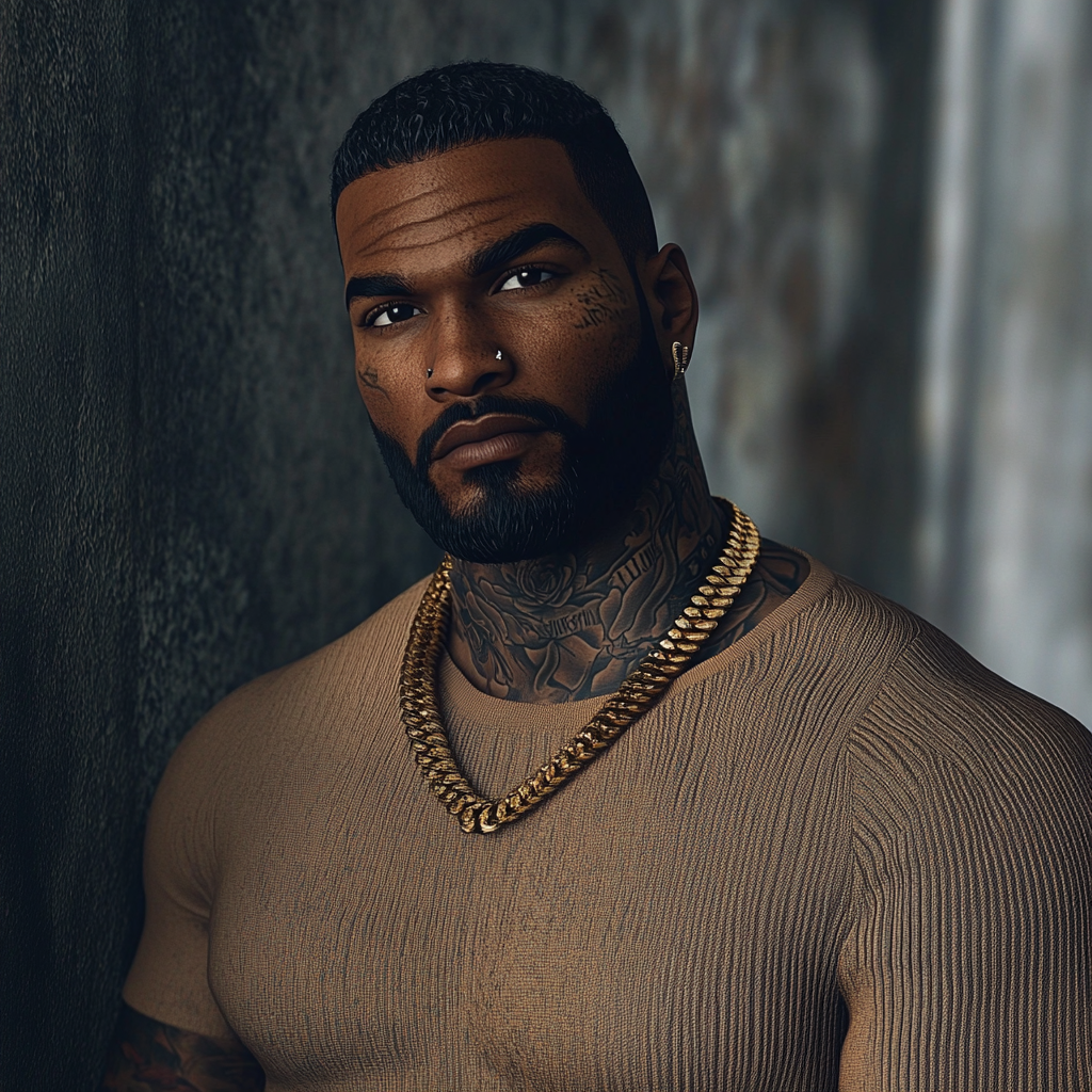 Tattooed black man with dark skin, Cuban chain & beard among a wall.