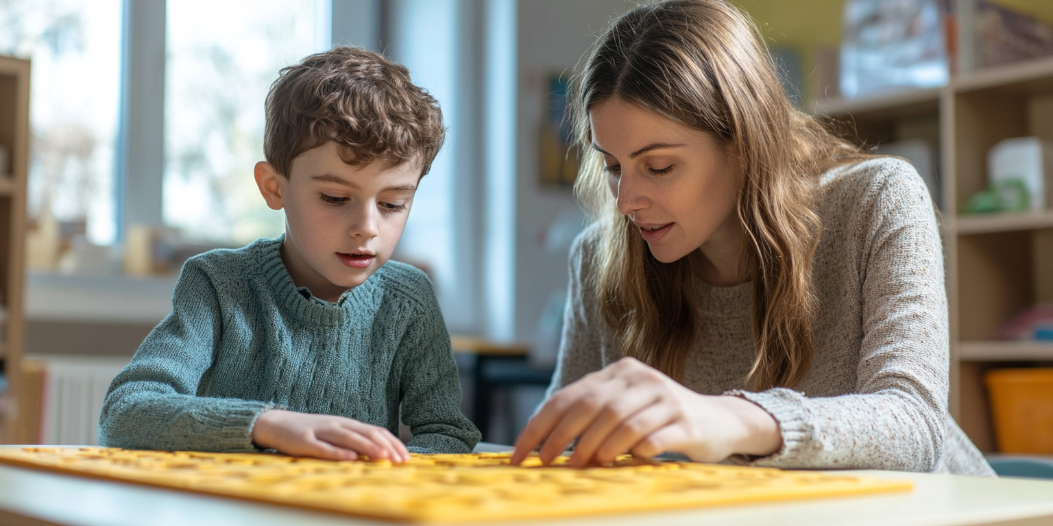 Teacher assisting visually impaired child with tactile learning materials.