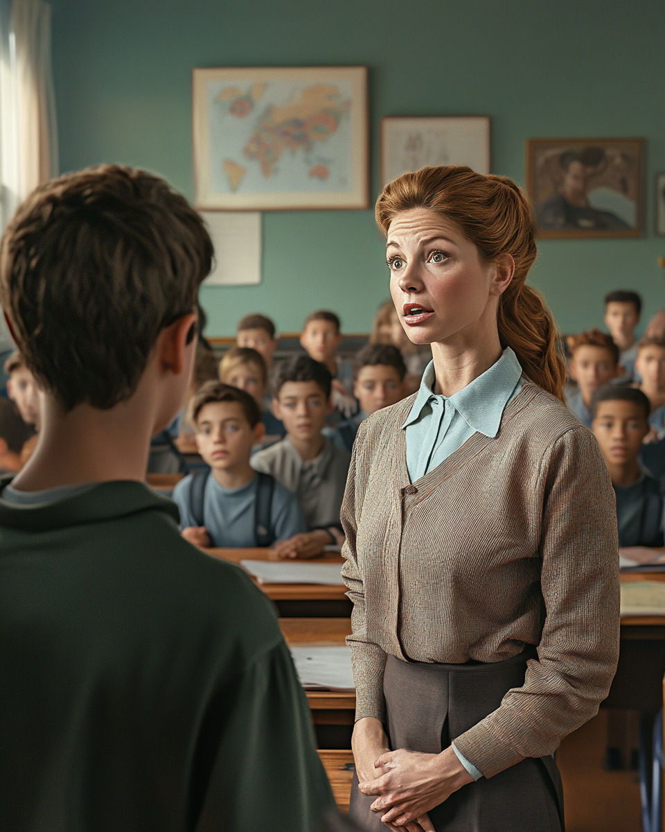 Teacher speaks to student in busy classroom