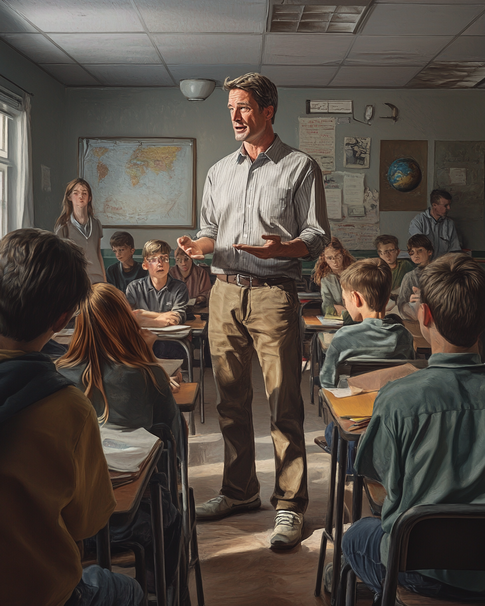 Teacher talking to student in classroom setting