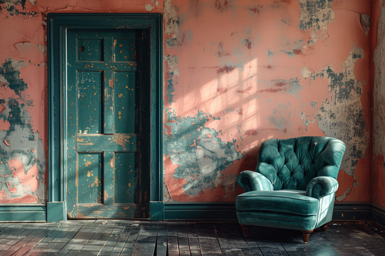 Teal chair on black floors with salmon walls