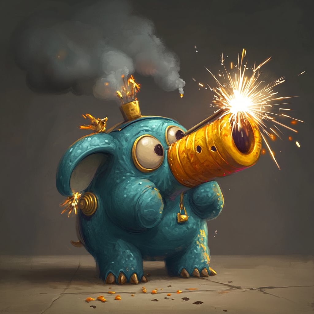 Teal-colored anthropomorphic canon about to explode a cannonball.