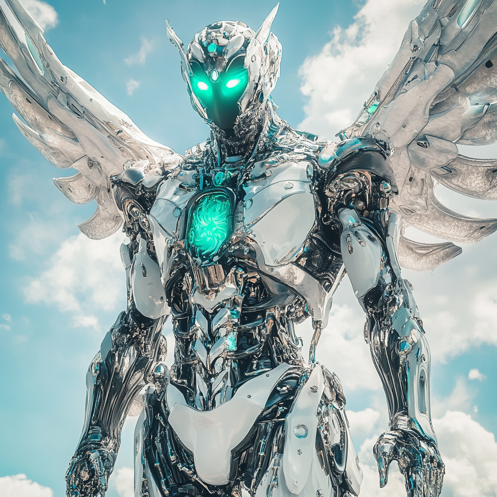 Teal-eyed robotic male Angel in silver clothing flying sky