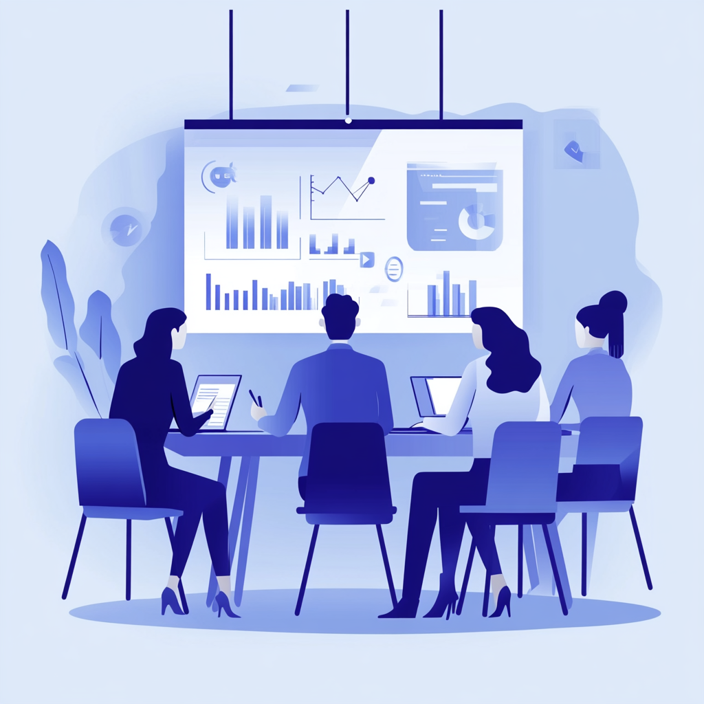 Team formation illustration around table, speaker with interactive screen.