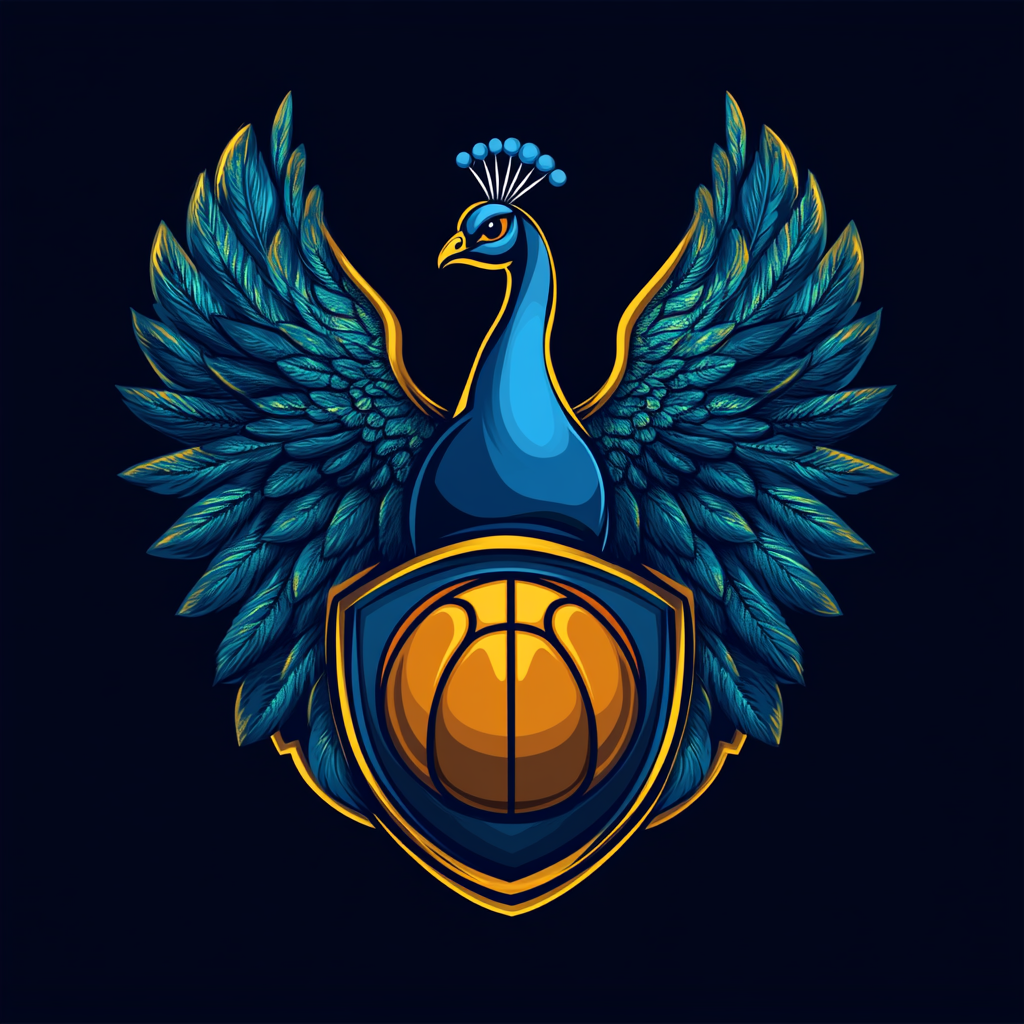 Team logo with proud peacock and basketball emblem