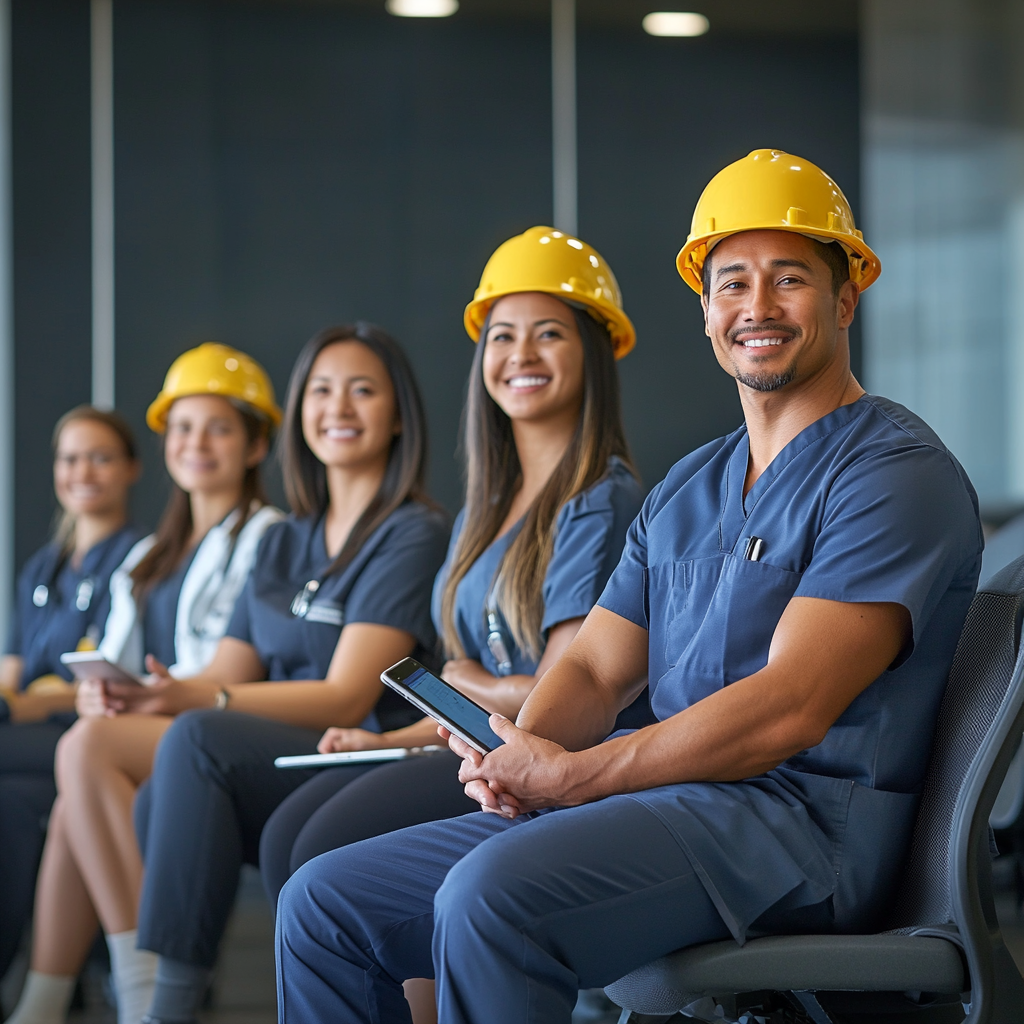 Team photo with empty chairs holding job tools.