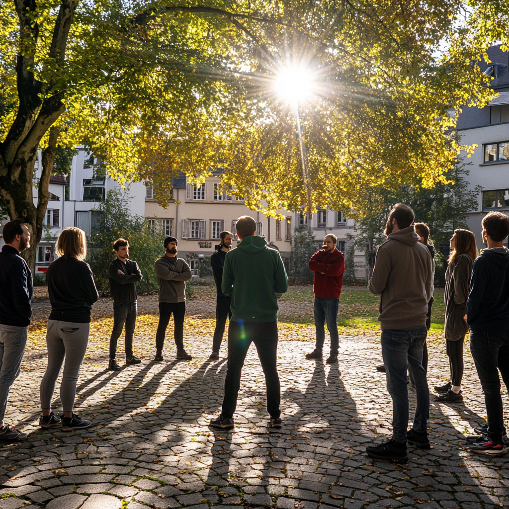 Teambuilding in Luxembourg, enigma game, outdoor group photography.