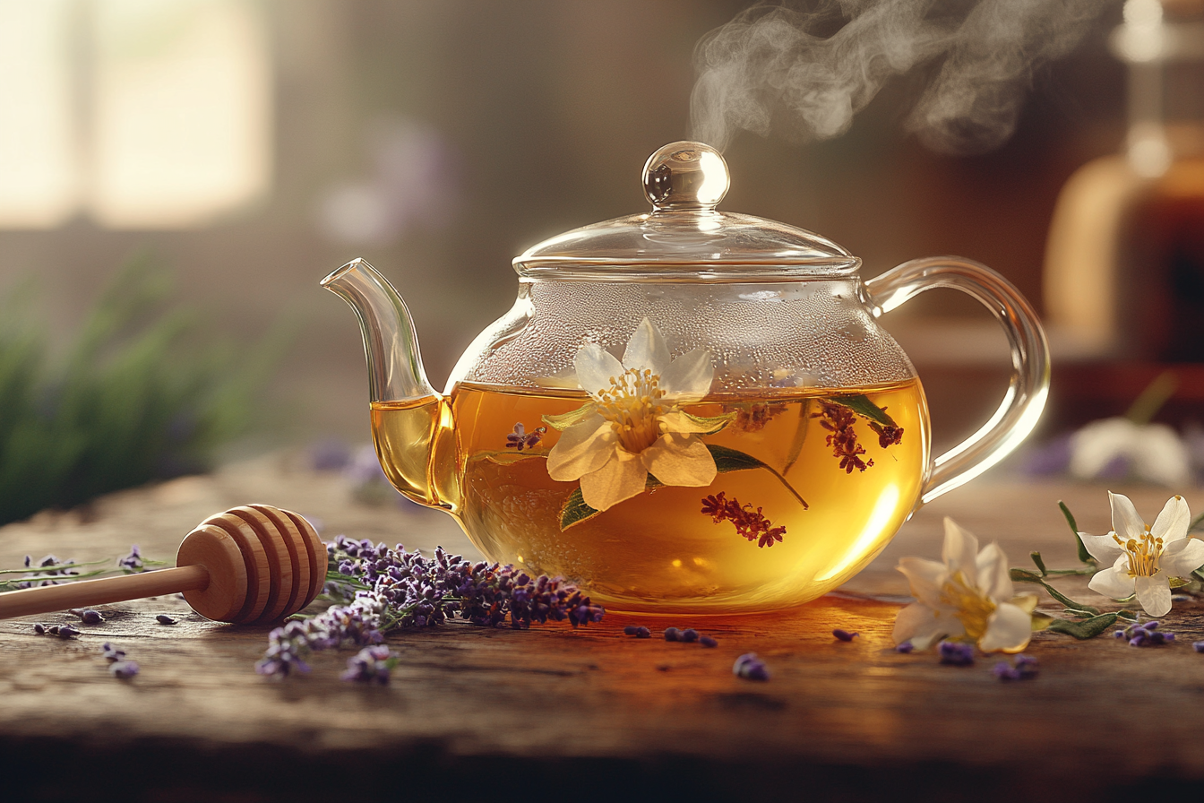 Teapot with Lavender Tea and Honey on Table