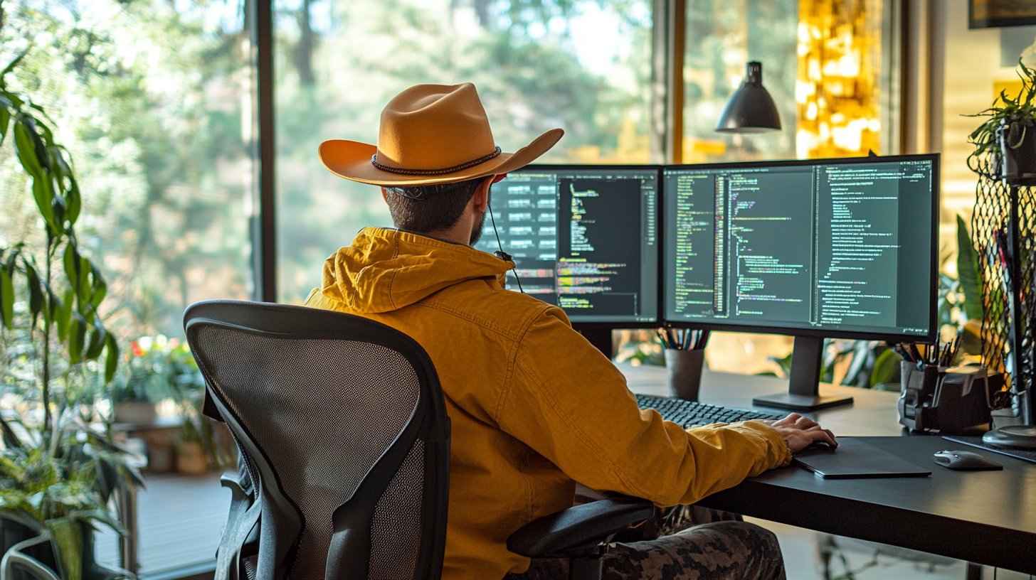 Tech person with cowboy hat at colorful desk.