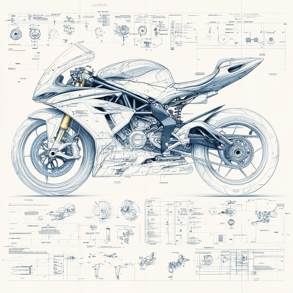 Technical blueprint, exploded view, high performance motorcycle. MV Agusta F4 RC, technical drawing, high tech.