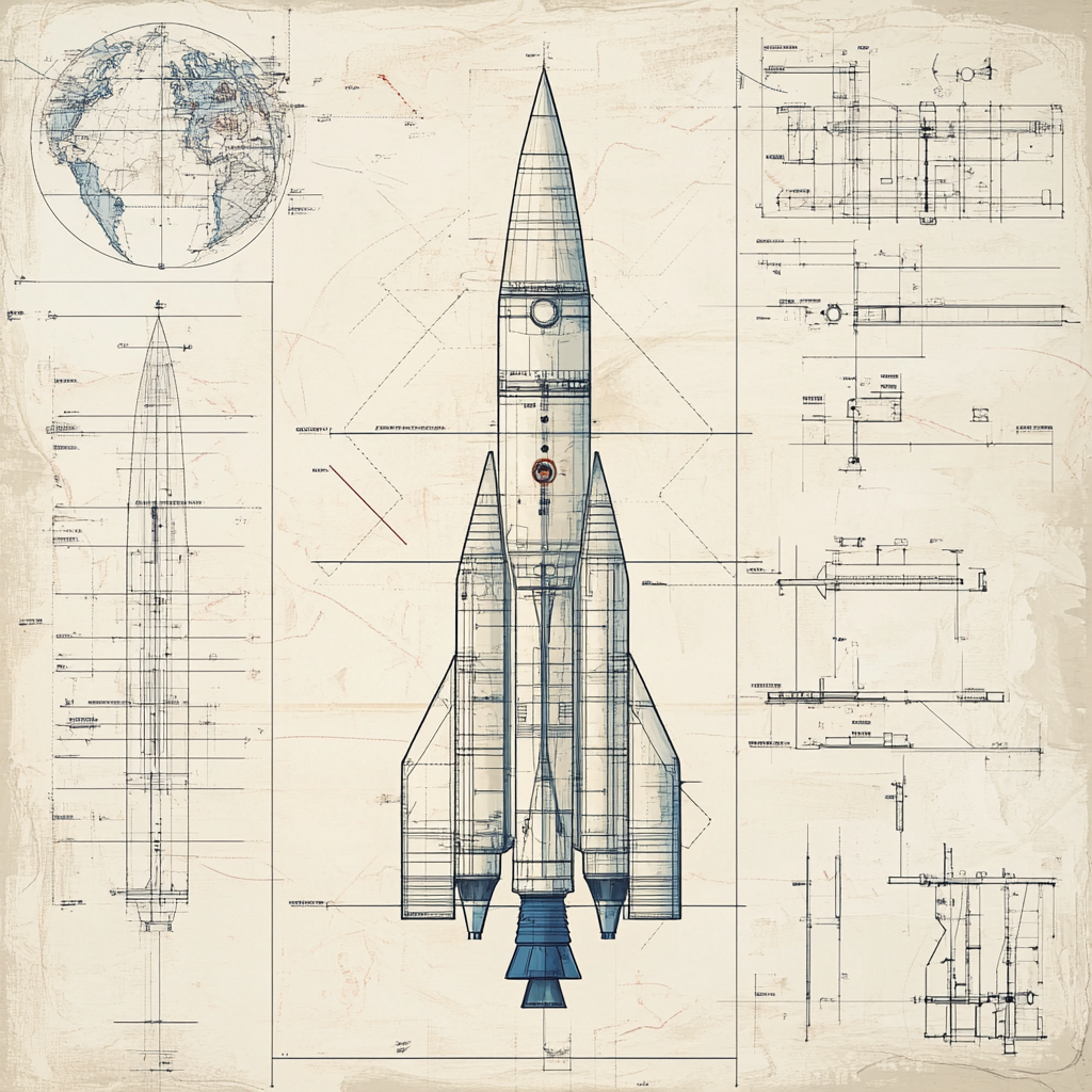 Technical rocket diagram with some color, stylized blueprint schematic.