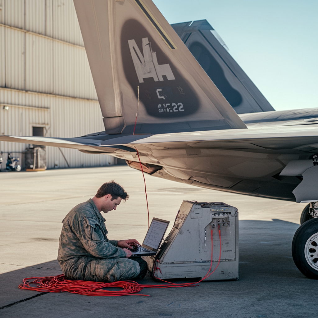 Technician tests F-22 with laptop at Air Force Base.