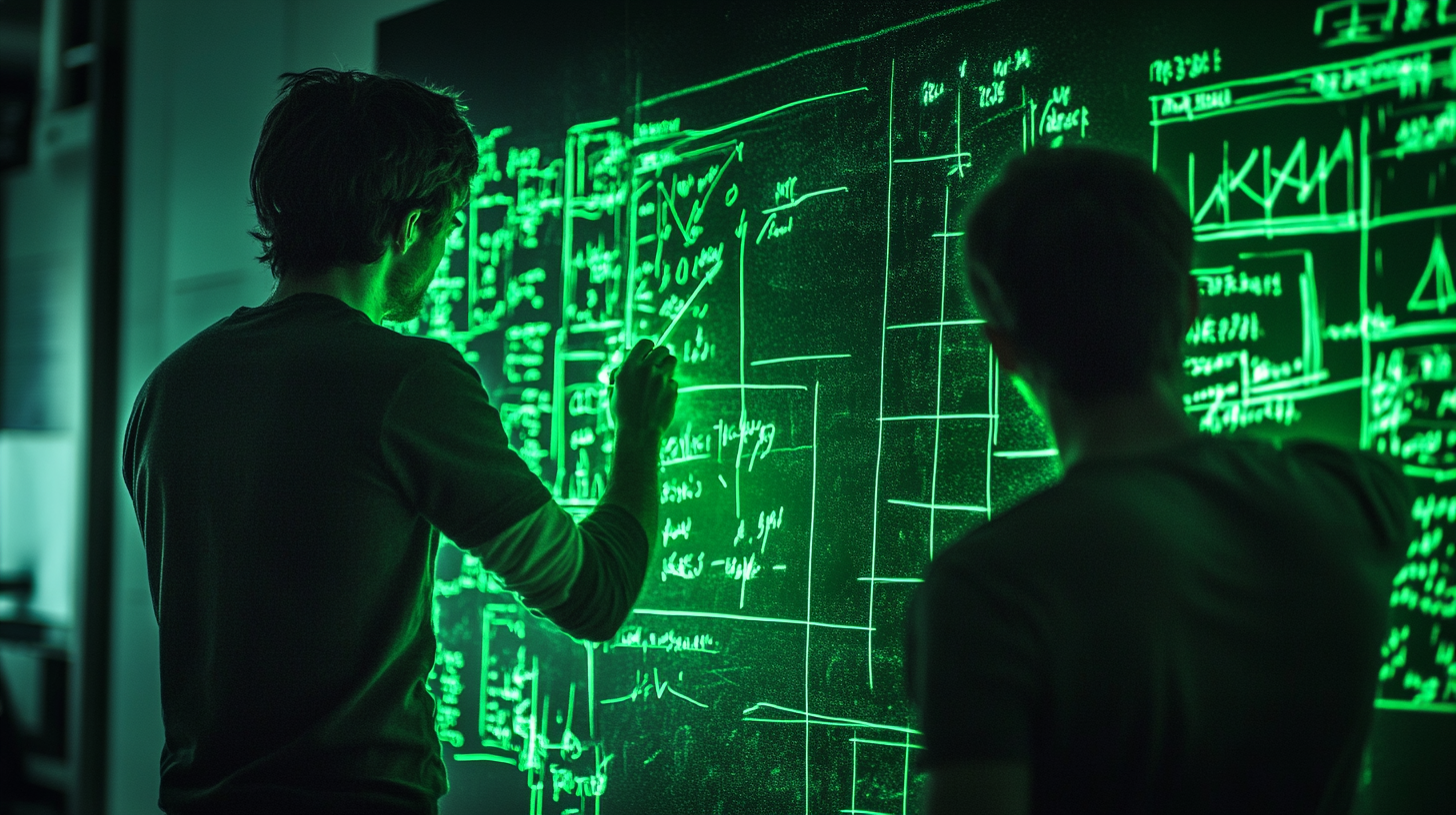 Technologists solving problems with glowing green equations