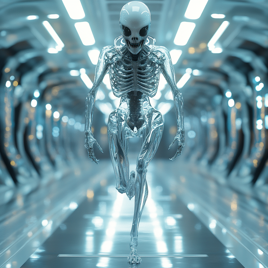 Techy alien with silicone ribcage runs through corridor.