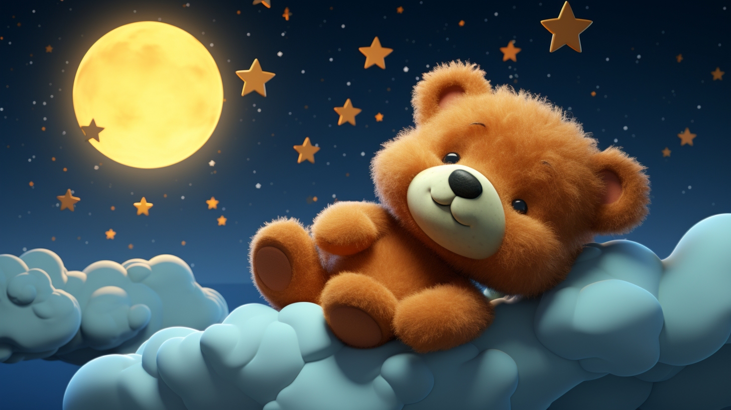 Teddy bear cartoon sleeping on clouds with moon and stars.