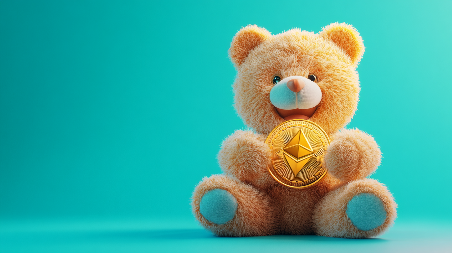 Teddy bear holding ethereum coin on bright background.