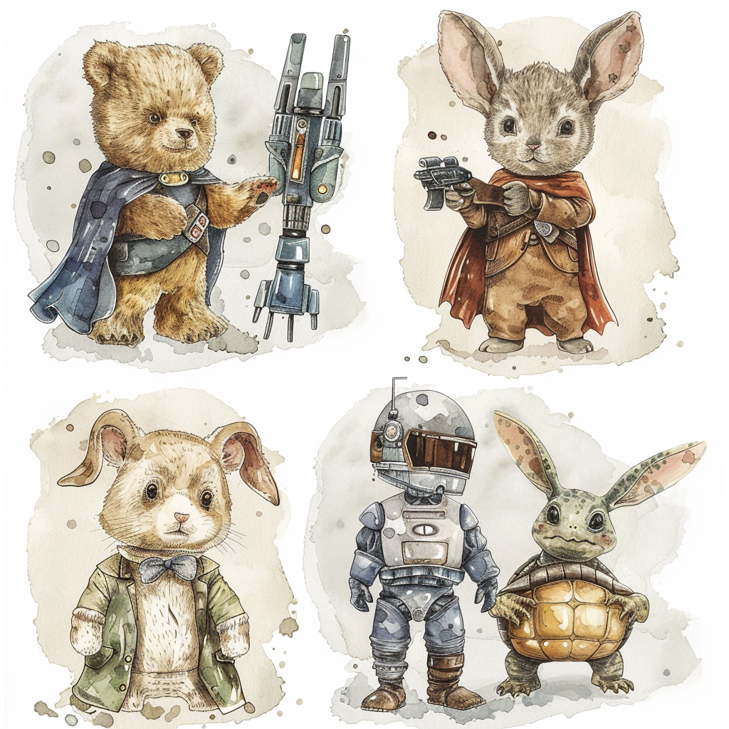 Teddy bear jedi, rabbit superhero, puppy bandit, turtle robot.