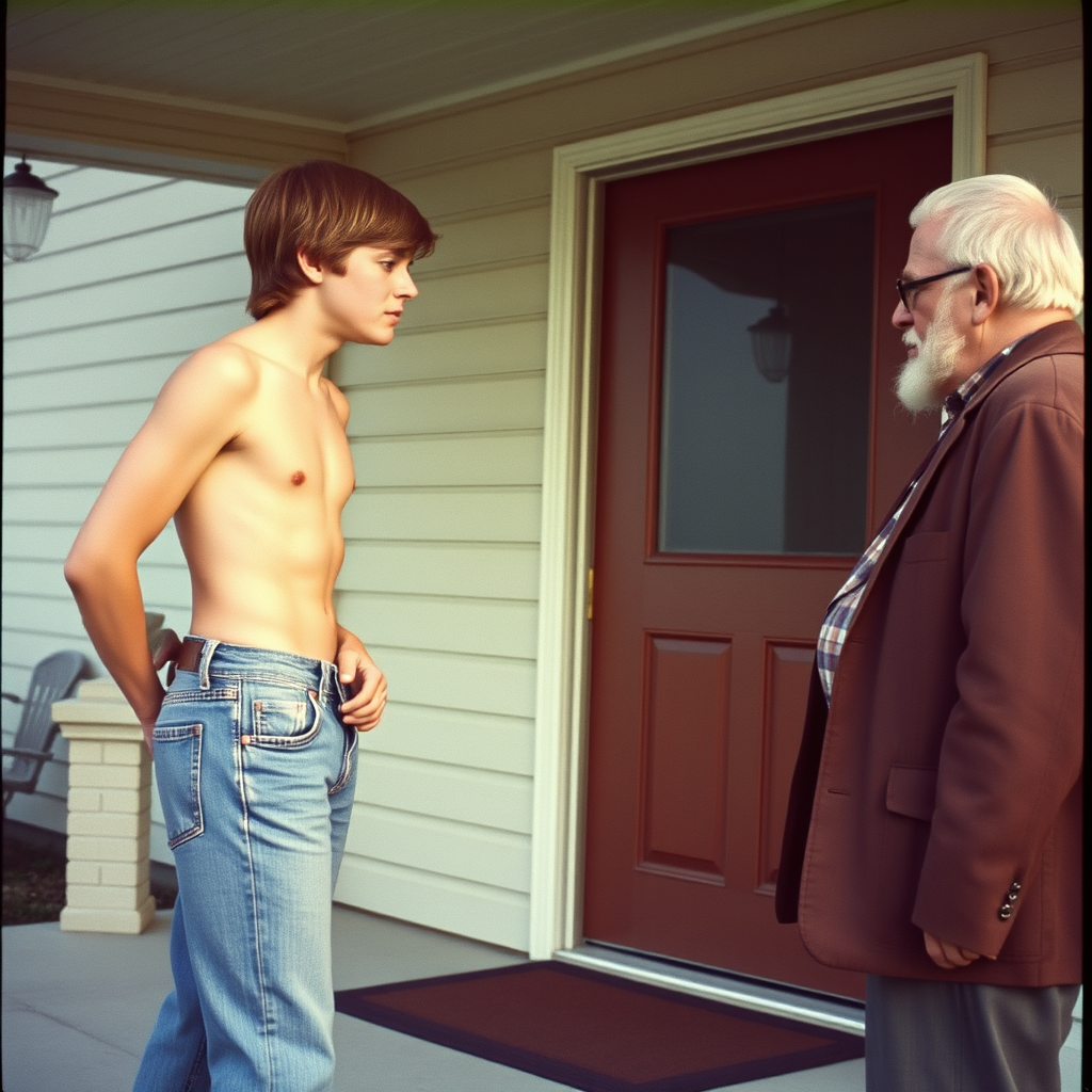Teen Chatting with Elder in 70s Summer Suburb