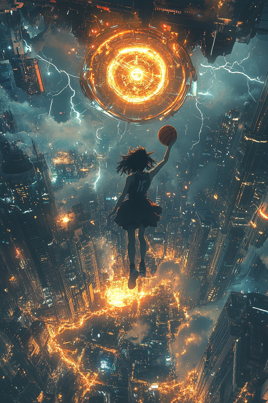 Teen Female Superhero Astra Dunking Electrified Basketball in Dystopian City