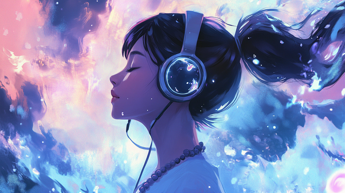 Teen Korean girl immersed in music, serene background