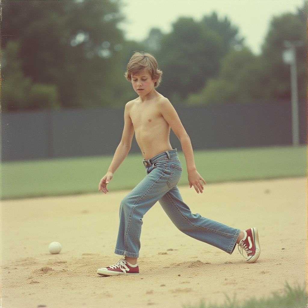 Teen Playing Baseball in 1980s Suburb Summer