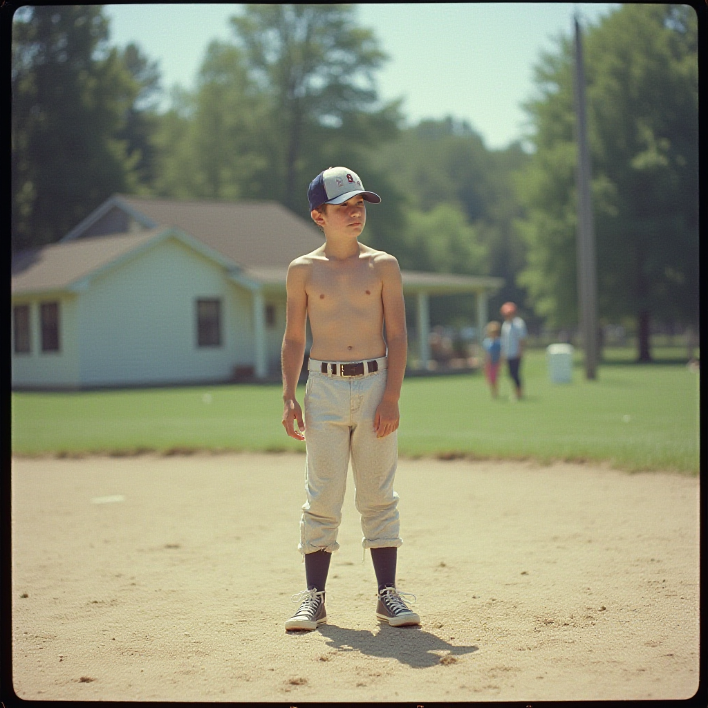 Teen Playing Baseball in 1980s Suburb Summer