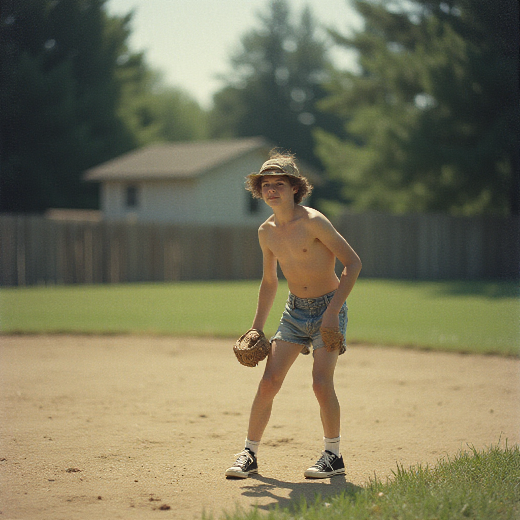 Teen Playing Baseball in 1980s Suburb Summer