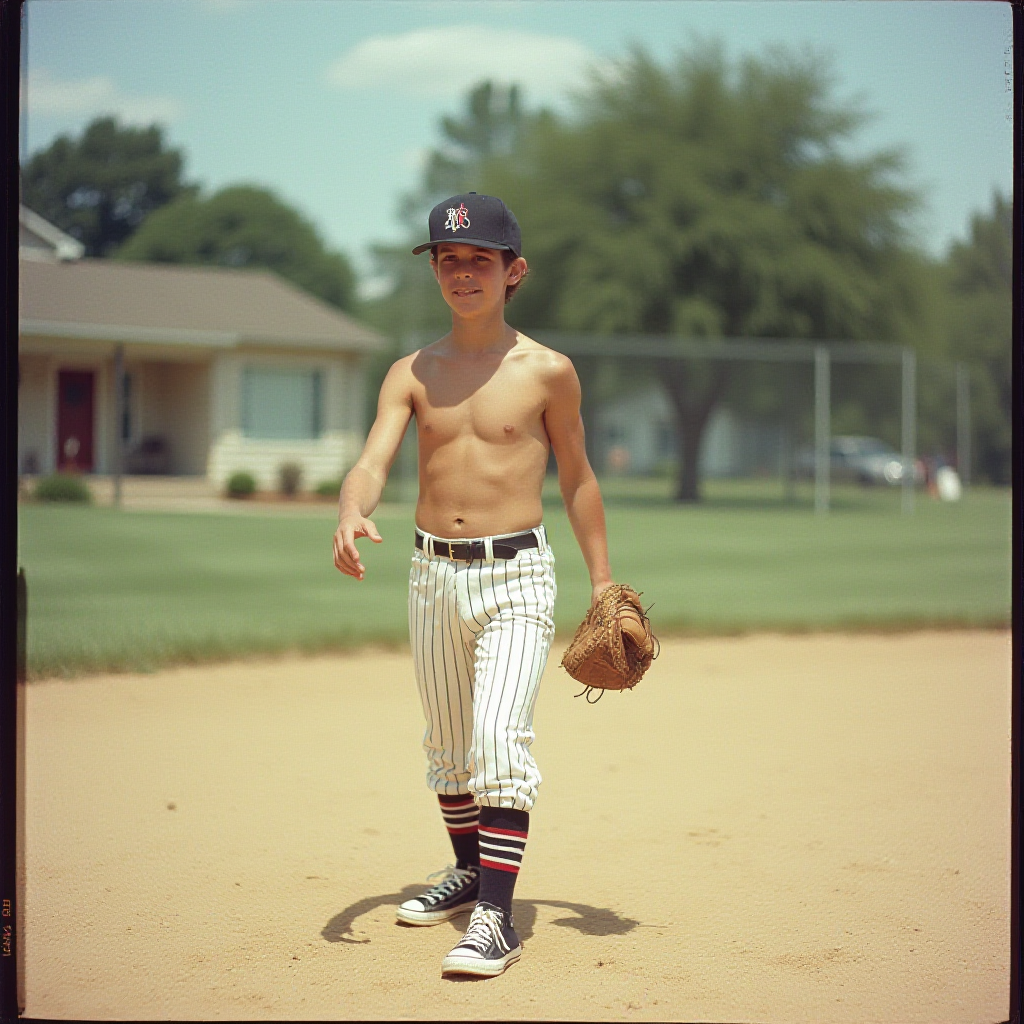 Teen Playing Baseball in 1980s Suburb