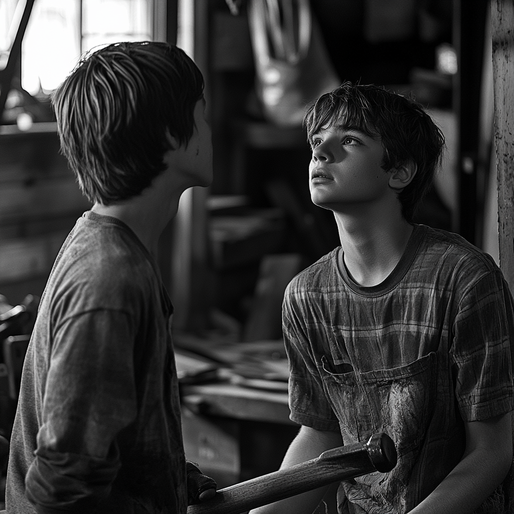 Teen boy in workshop looking up at mentor holding hammer.