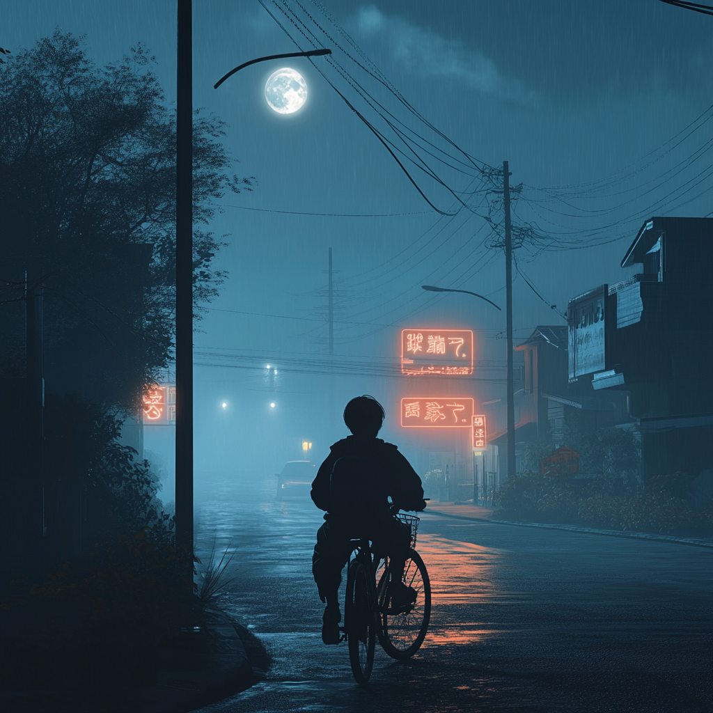 Teenage Boy Riding Bicycle on Quiet Moonlit Street