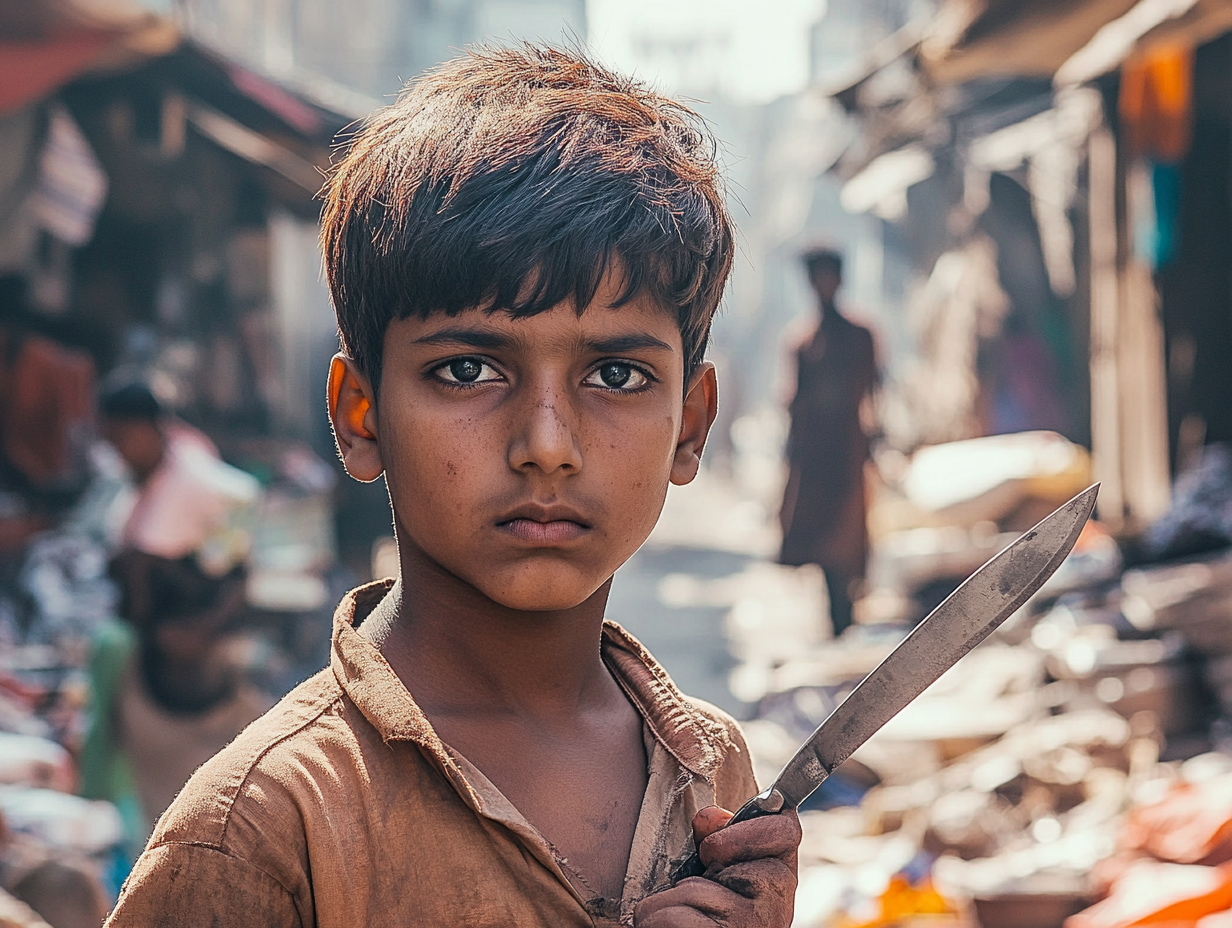 Teenage Boys in Poor Indian City with Knife