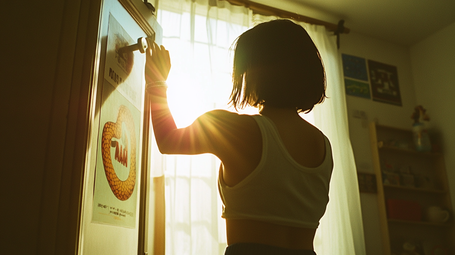 Teenage Gymnast Slaps Mamba Poster in Sunlit Room