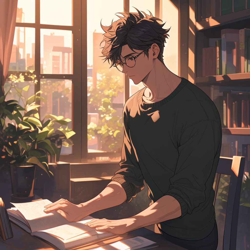 Teenage Male Studying at Home, Anime Character