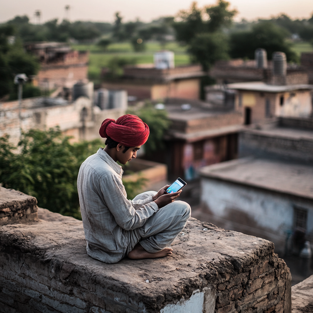 Teenage Turbaned Man on Indian Village Rooftop with Smartphone.