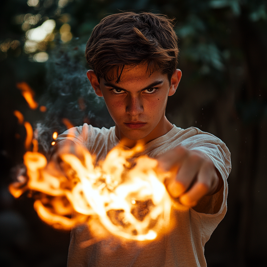 Teenage boy controlling fire, throwing fireballs with intense gaze.