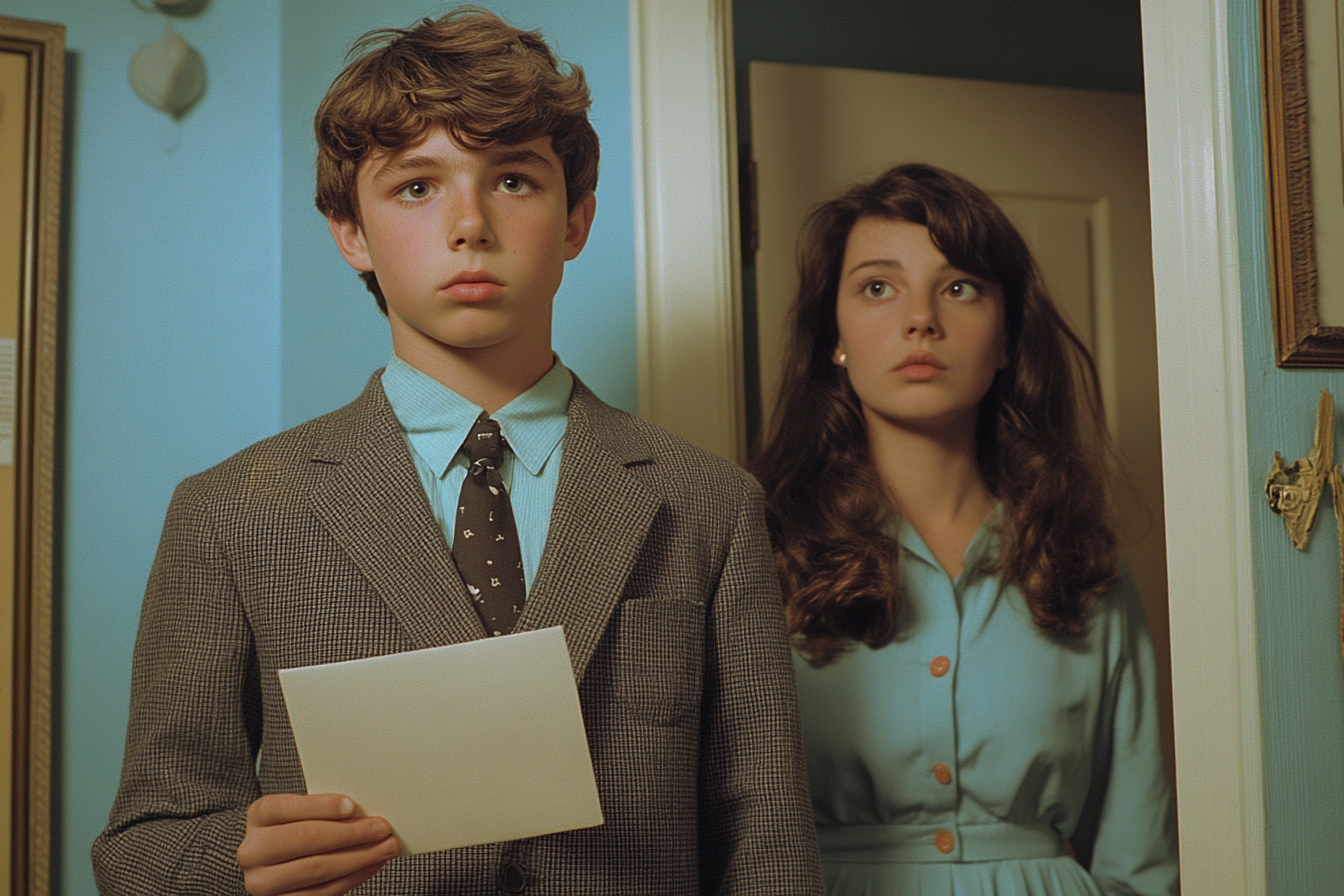 Teenage boy in blazer hands envelope to sister.