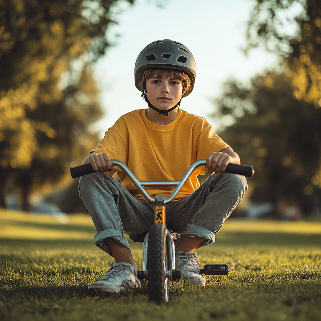 Teenage boy in yellow shirt on BMX bike - Safety helmet - Green grass