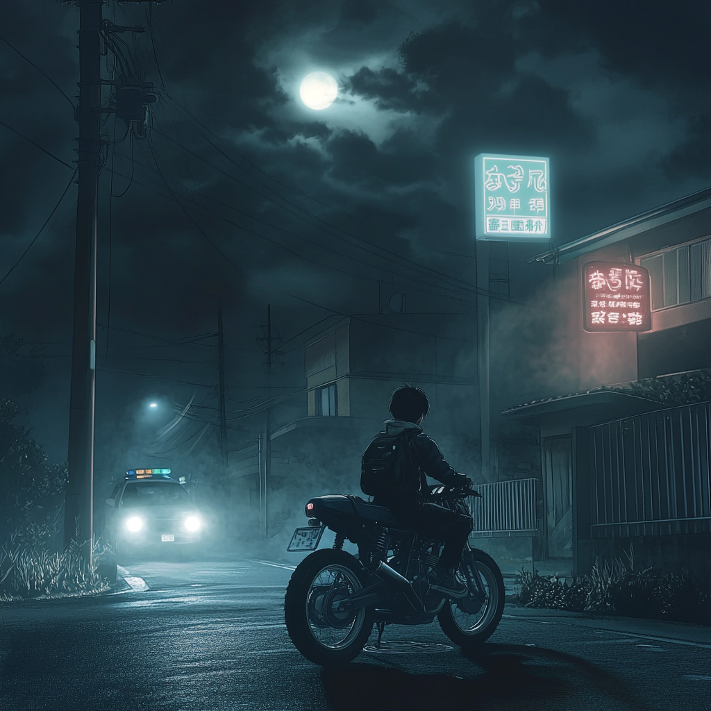 Teenage boy on big bike on moonlit Japanese street