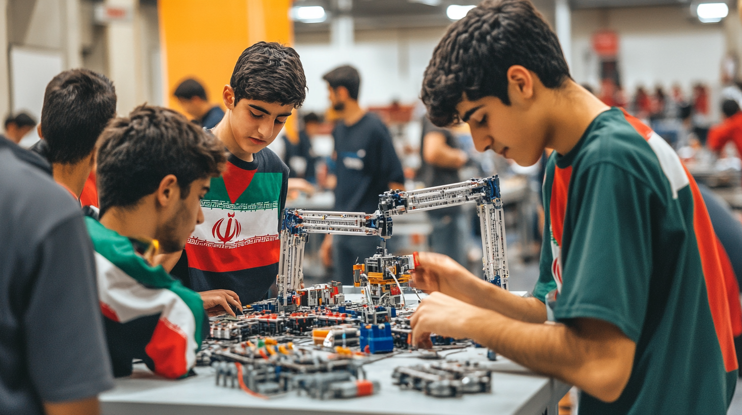 Teenage boys building a robot with Iranian flag