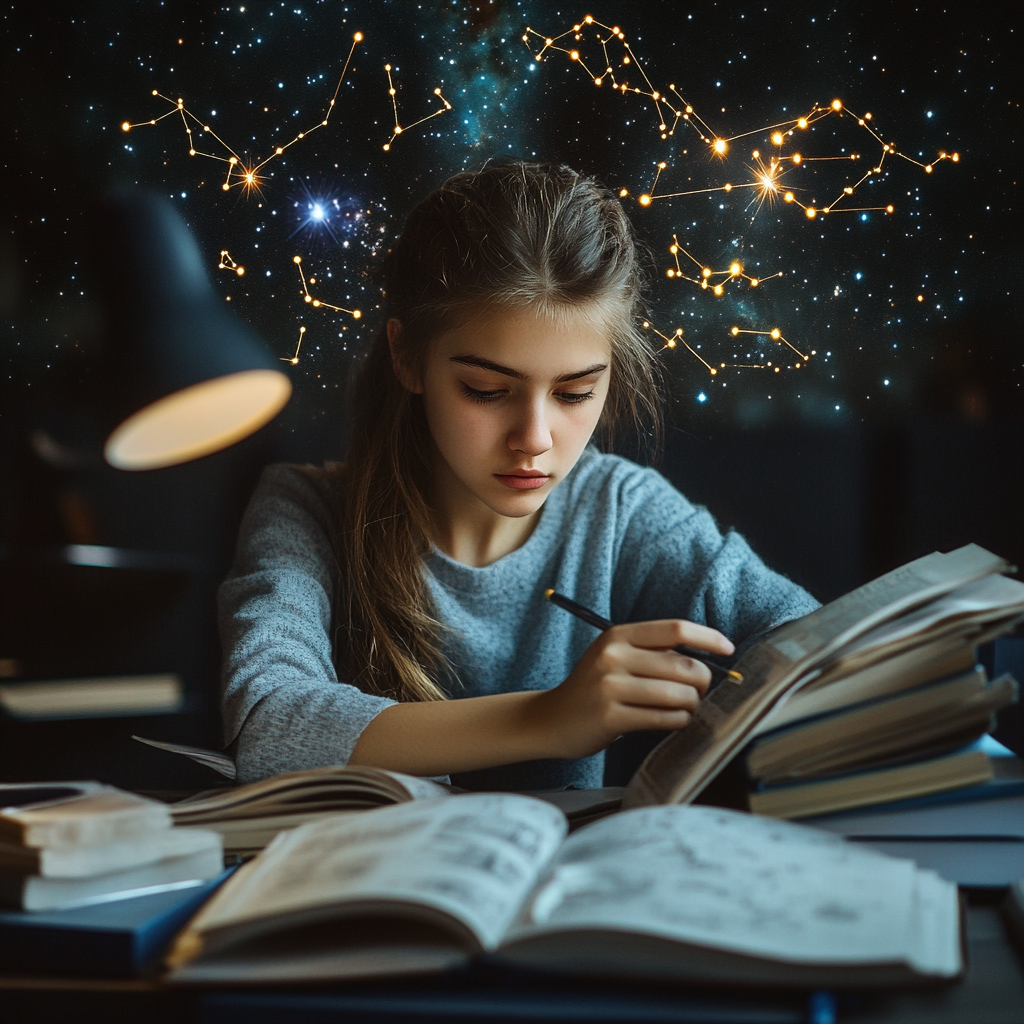 Teenage female studying constellations, making calculations on desk.