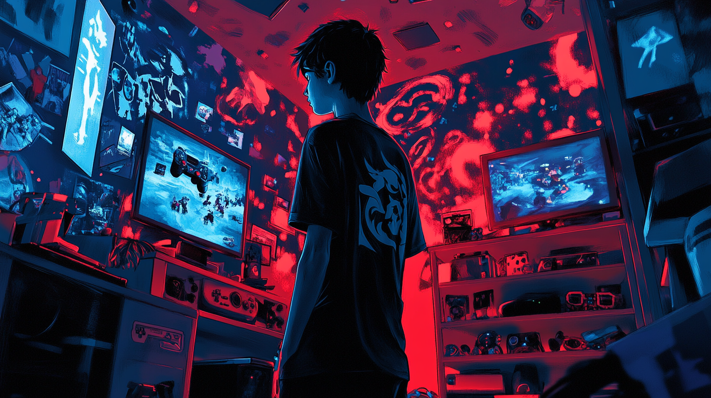 Teenage gamer surrounded by colorful video game world.