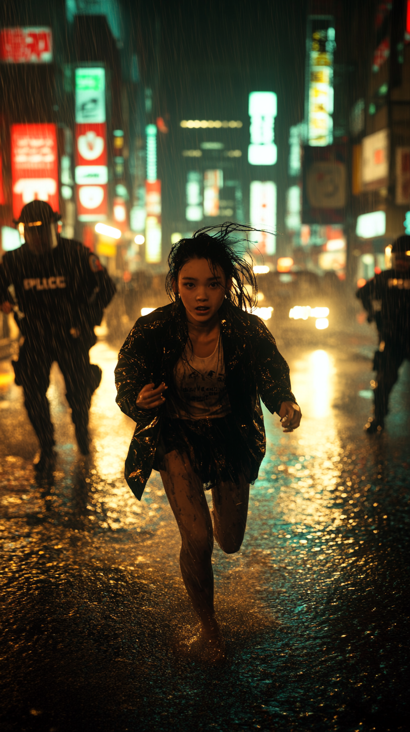 Teenage girl in cyberpunk Tokyo running from police.