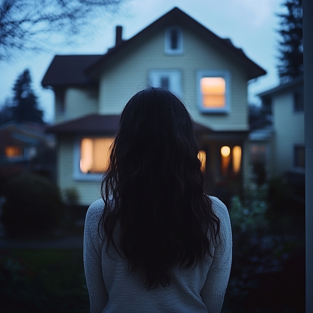 Teenage girl peers into window of spooky house